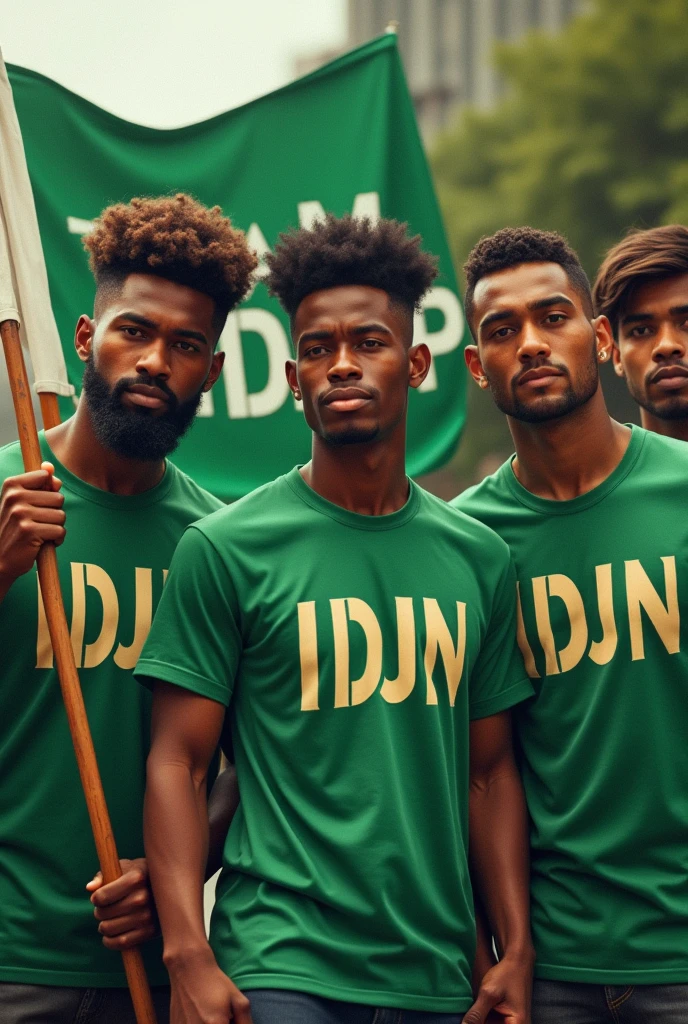 Make 4 brown boys , each one with a green shirt and on each one&#39;s shirt a letter,  I,d,J, IN . Make the 4 brown ones, one with a big beard, one with big curly hair, one with straight hair and the other with a military cut.,faça os 4 segurando uma bandeira escrita IdJM TRAP. Please
