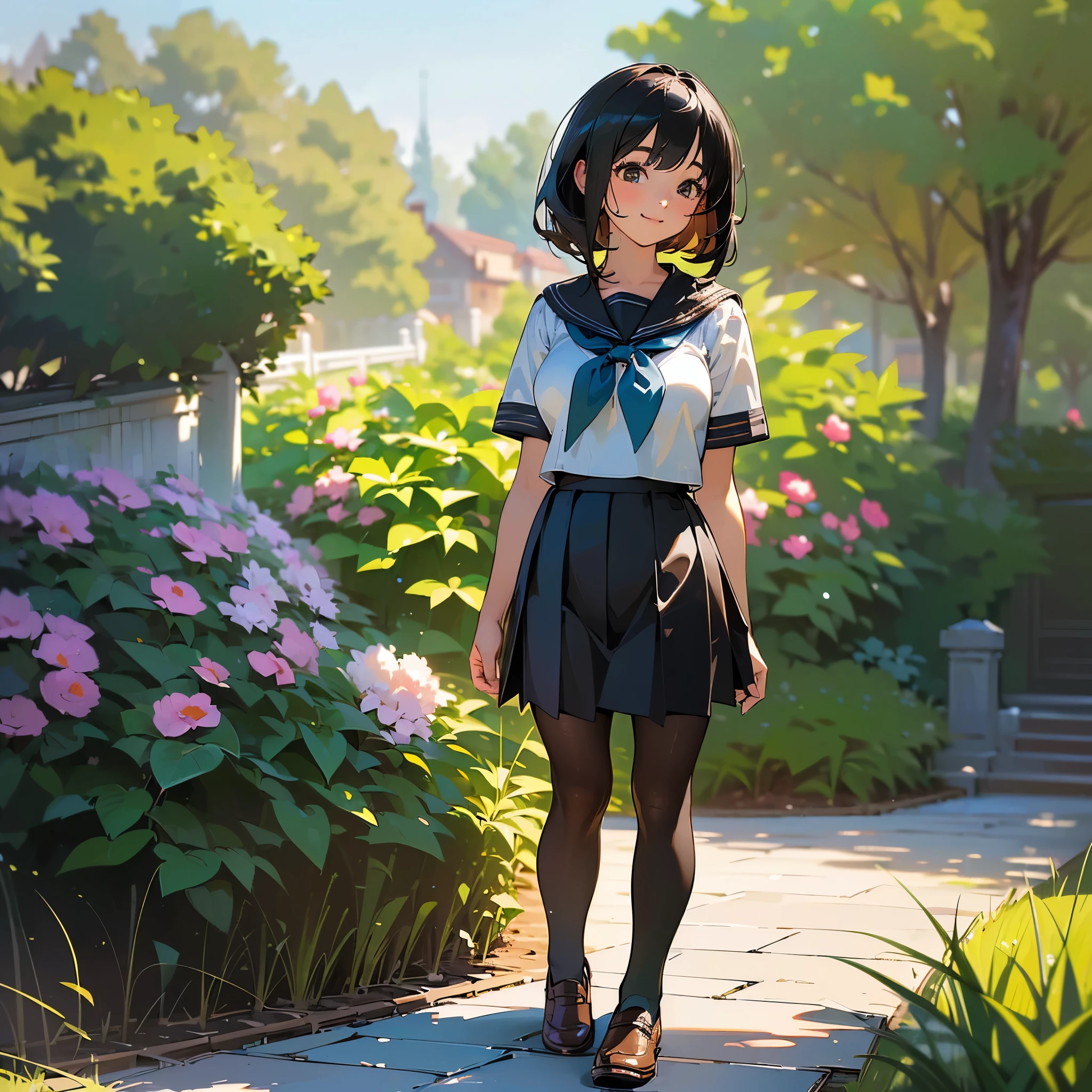 (Highest quality, High resolution, Super detailed, Realistic:1.37), Peaceful atmosphere, (Outdoor, garden), Teenage girl standing alone,(my breasts are big.),Beautifully detailed features, Cute Smile, ((Black bob hair)),Short-sleeved sailor uniform, Pleated skirt,Black tights,Brown leather shoes.