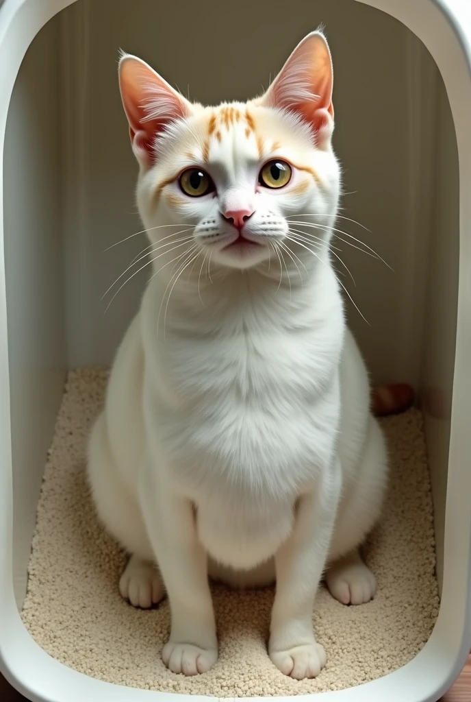 A cat with big human tits sitting in a litter box full of white gravel