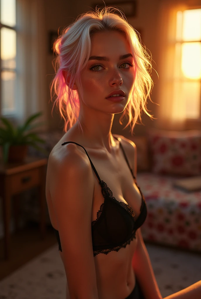 one girl, random white hair with pink highlights, (((brown eyes))), colorful, cinematic light, random hairstyle, big breast, brown freckles, Thin waist, Ultra-fine makeup, ultra-fine clothing material, cute lips, cute face, beauty, sexy, high quality arms, high quality hands, appropriately generated hands, lewd, (((look ahead))), (((nsfw))), lingerie, nightwear, black lingerie, lace lingerie, room, sunset light, romantic atmosphere