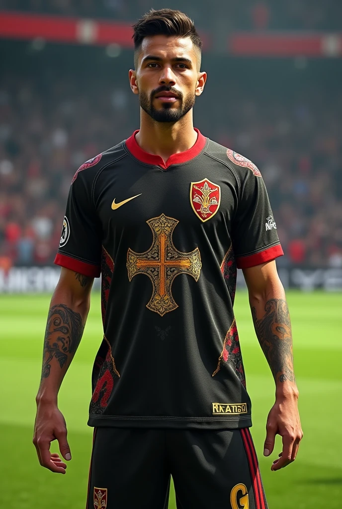 a Vasco team shirt with a red collar and a Knights Templar theme