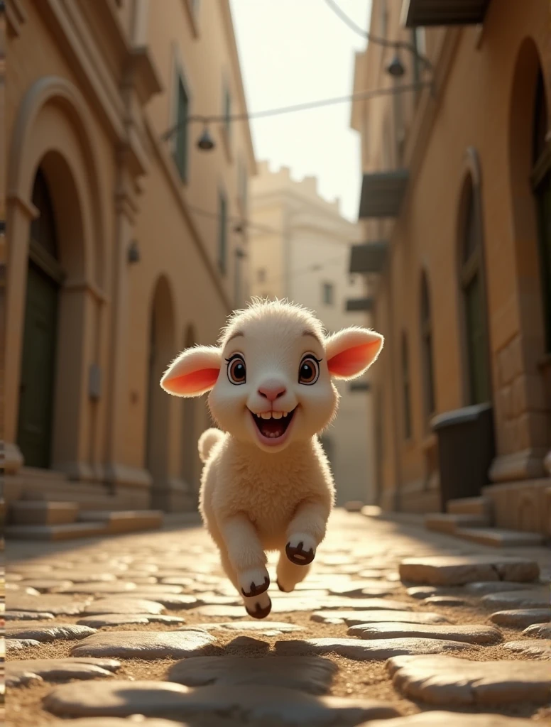 a baby lamb running and laughing, streets of jerusalem, dark lights, cinematic, hyper realistic, detalied, 4k, 