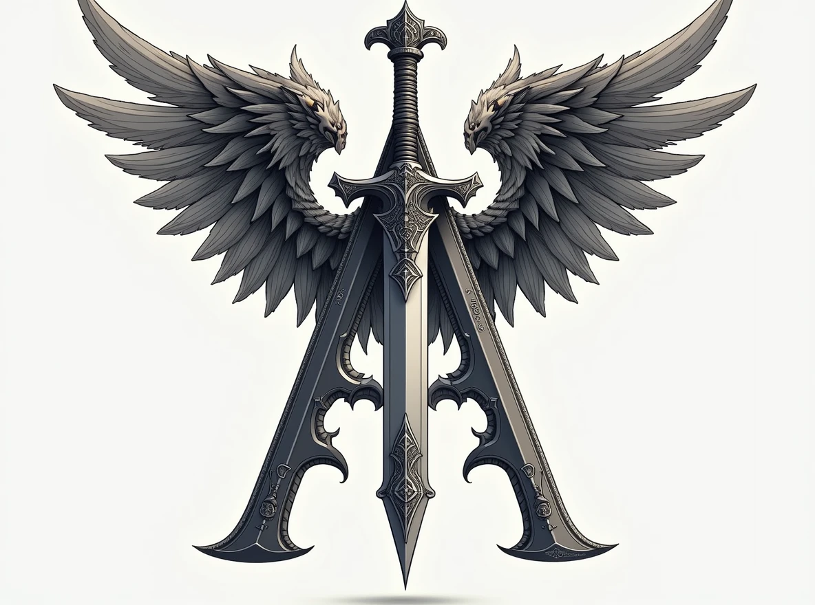 A stylized illustration featuring two daggers forming the shape of an 'A'. Each dagger is symmetrically positioned to resemble the structure of a letter 'A'. The daggers have intricate, ornate handles with sharp, gleaming blades. Surrounding the daggers are wings similar to those of a bird, adding a sense of power and freedom to the design. The style is reminiscent of dark fantasy or gothic art.