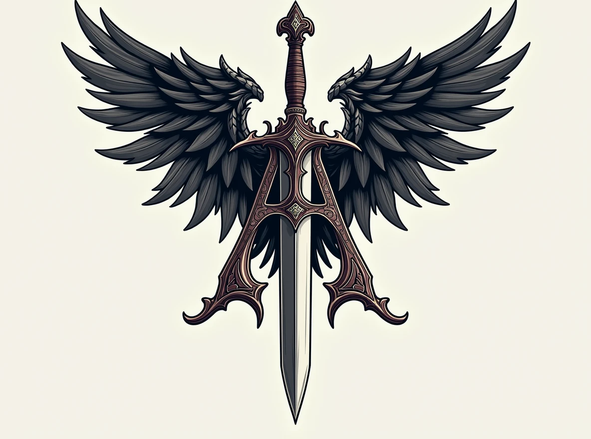 A stylized illustration featuring two daggers forming the shape of an 'A'. Each dagger is symmetrically positioned to resemble the structure of a letter 'A'. The daggers have intricate, ornate handles with sharp, gleaming blades. Surrounding the daggers are wings similar to those of a bird, adding a sense of power and freedom to the design. The style is reminiscent of dark fantasy or gothic art.