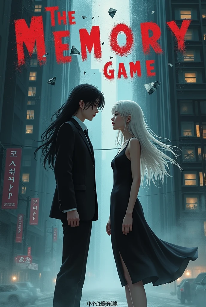 Sapphic fanfic cape creator:
Description of the cover:
Scenario: The cover would have a night city as its background, with partially illuminated skyscrapers, suggesting an urban and mysterious atmosphere. A soft haze would cover the bottom of the image, adding a touch of suspense.
Personagens:
Eun-ji would be in the spotlight, on the left side of the cover, wearing a black and white suit. Your face would be partially illuminated, with a confused and determined expression. Her long black hair would be loose, fluttering gently in the wind.
Ji-won would be on the right side, facing Eun-ji, with his big, round eyes, with an enigmatic and slightly threatening look. Your white hair, wavy and long, would contrast sharply with Eun-ji's. She would wear an elegant dress, highlighting his calculating personality.
Additional Detail:
Memory Element: At the center, between the two characters, there would be fragments of memories floating around, like photos or pieces of broken glass, representing Eun-ji's fragmented memory. These fragments would reflect action scenes, danger and romance.
Title: The title "The Memory Game" would be at the top of the cover, in large, stylized letters, with a slightly blurred or cracked effect, symbolizing the fragility and uncertainty of Eun-ji's memory.
Paleta de cores: The color palette would be dominated by shades of black, gris, and dark blue, with touches of red, suggesting danger and passion.
IN REALISM.