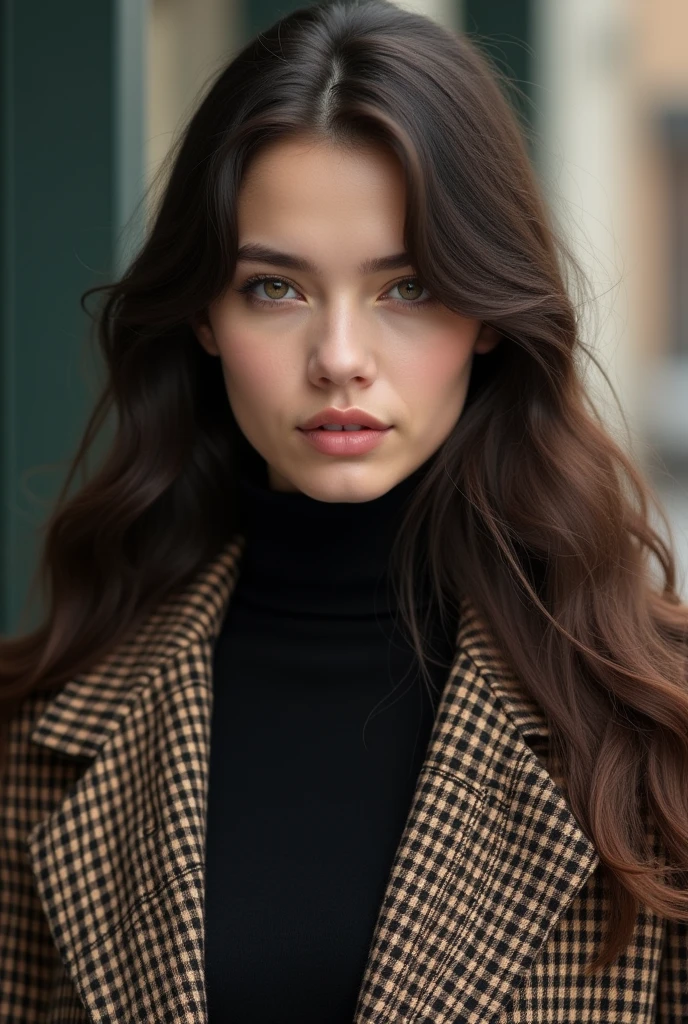 (photorealism:1.2), Realistic color waist-up portrait (three-quarters to the camera) of a young woman with long, fluffy dark brown hair, wearing a vintage checkered coat with a black pullover underneath covering her neck. The woman should be facing directly towards the camera with a neutral expression, similar to the pose in an old black-and-white photograph. The image should replicate the soft lighting and vintage aesthetic of the original photo but in a modern, high-resolution style. The background should be blurred, keeping the focus on the subject, and the colors should be vibrant and natural, as if taken with a DSLR camera.