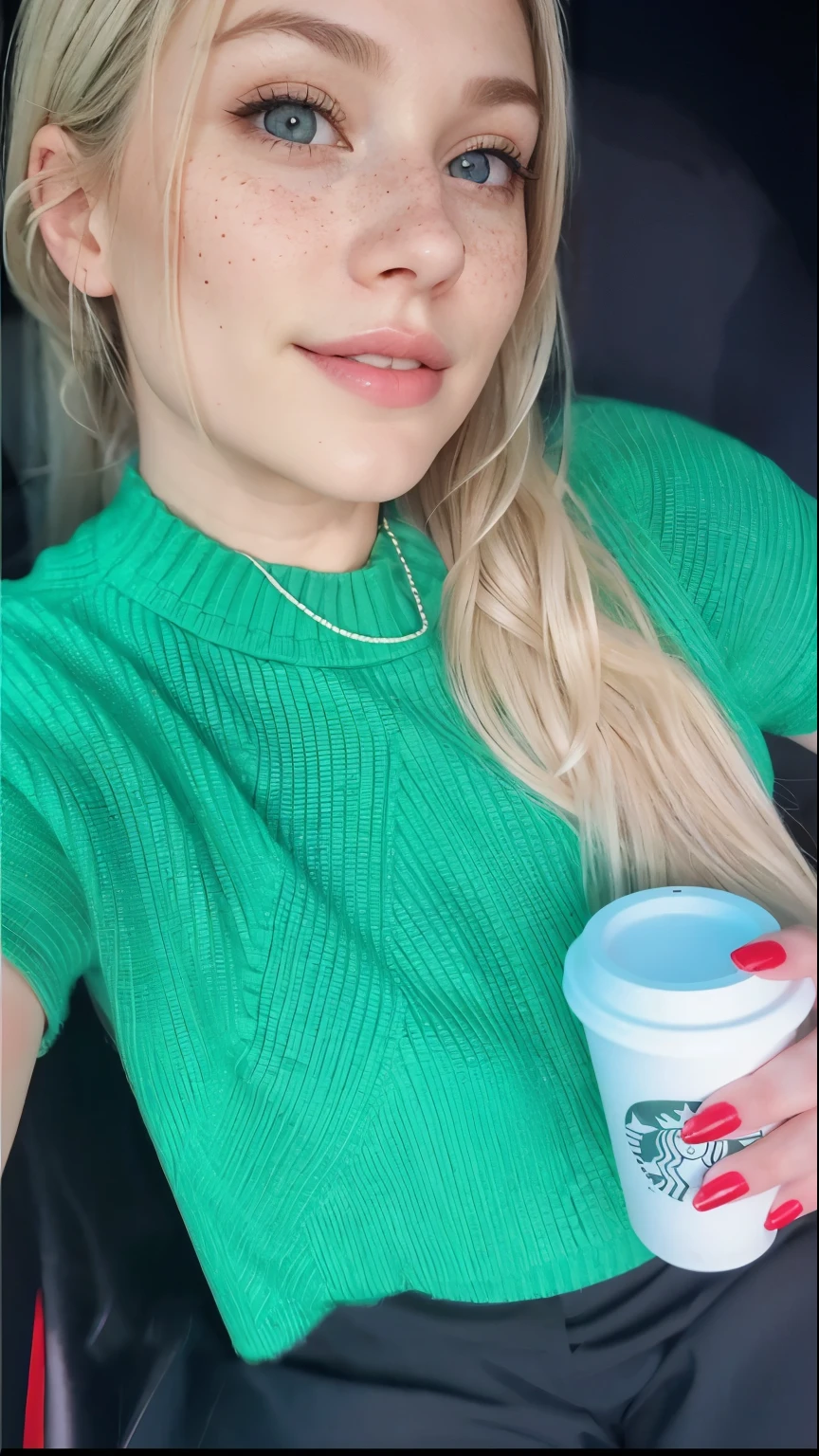 Face of a woman, americana, age 25, pale skin and freckles, grey-eyed, delicate nose, soft and delicate lips, Long Wavy Gray Blonde Hair, Sweet smile, cabelo solto e cheio