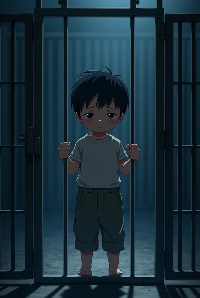 Cinematic anime style. manga art. TME0224 face, sad expression, (((a , 4 year old funny night (((wearing a baggy wide shorts with hands grabbing the bars))), (((inside a tiny closed cage behind bars, standing with the arms grabbing the bars))). cinematic lighting, drop shadow, masterpiece, UHD, anatomically correct, textured skin, super detail, high details, high quality, best quality, 4K, full body, standing