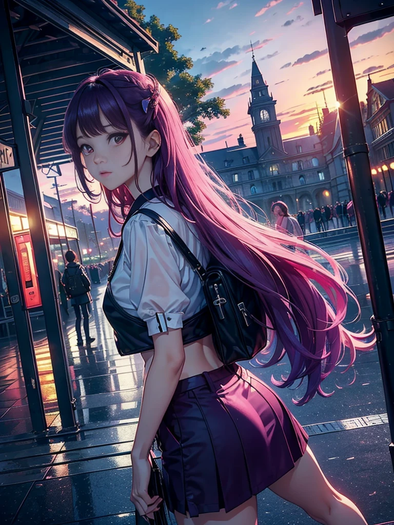 magenta tint、vibrant with colors、((tmasterpiece)))、(((quality)))、((ultra - detailed))、(Surreal)、(Very detailed CG illustration）、offcial art、CD cover、It will be、midsummer、The glorious 1980s、Cool beauty、cochetti gorgeous、incomparable beauty、Hair color、jaqueta de couro、Superskirt、Women only、Look at the audience，perfect angle、Perfectcomposition、(twilight，Train station，trainleeing)，
