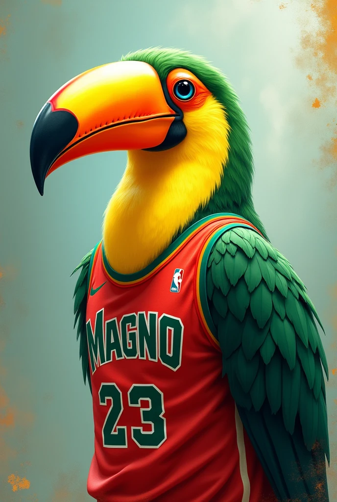 A green and yellow toucan with a 23 Magno basketball jersey in nft format