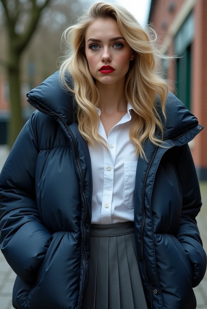 beautiful English 15 year old female, tight silk navy blue moncler puffer coat, wavy blonde hair, heavy makeup, dark foundation, dark red lipstick, school uniform, , white blouse, grey pleated short skirt, chav, attitude, oversized coat, coat off the shoulder