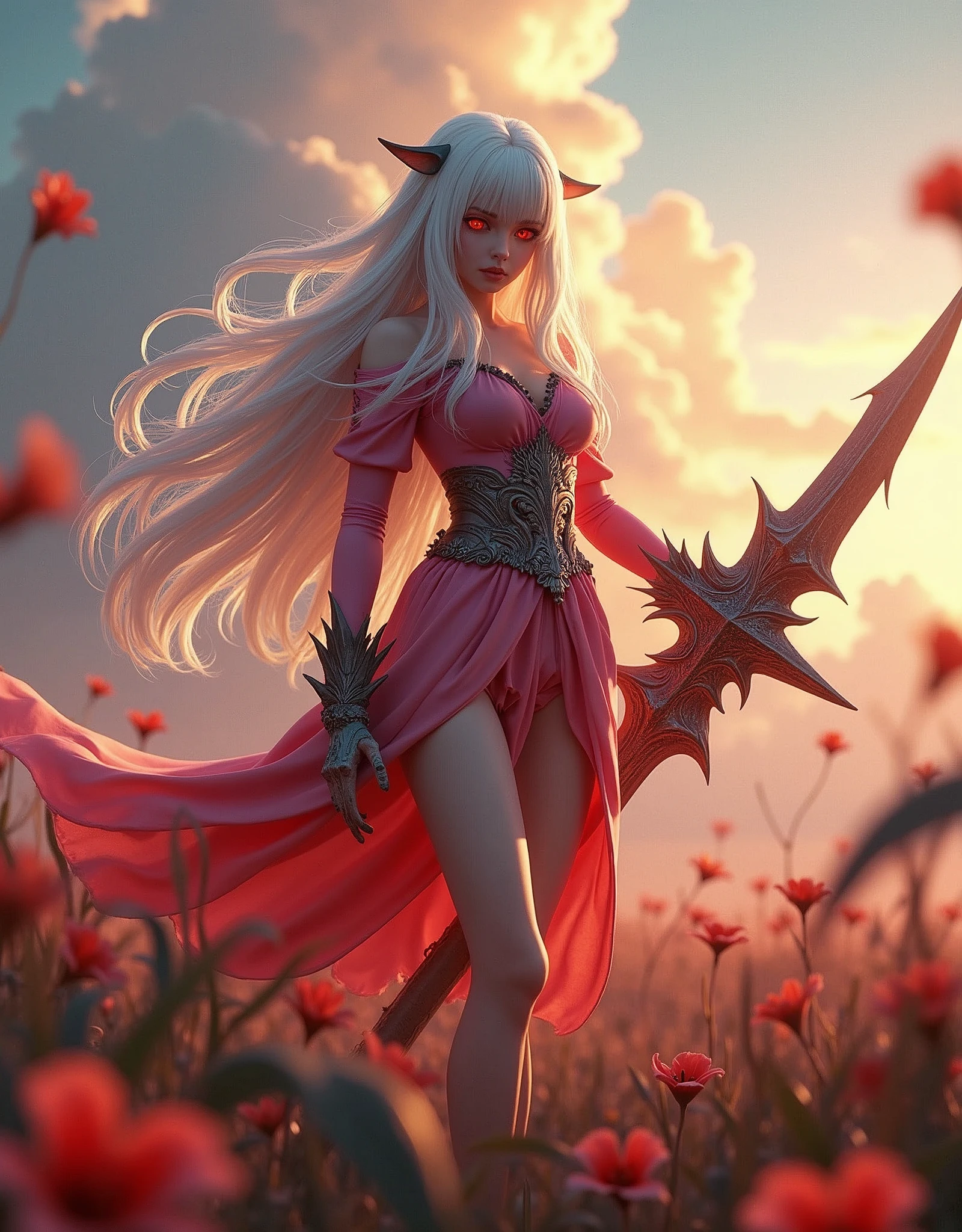 lily, girl with long white hair, blood red eyes, battle weapon, swit god, contemptuous look, small corner mouth, small breasts, round breasts, thick thigh, platform heels, (((star reference to aries, in a location with side lighting and perfect shadows))), full body, {extremely detailed 16k unity CG wallpaper}, expansive landscape photography, (a bottom view with focus on the character and the setting), (wide open field view), (low angle shot), (high light: 1.2), (low light: 1.2), (warm light source: 1.5), intricate details, (iridescent colors: 1.5), (bright lighting), (atmospheric lighting), dreamy, unique,