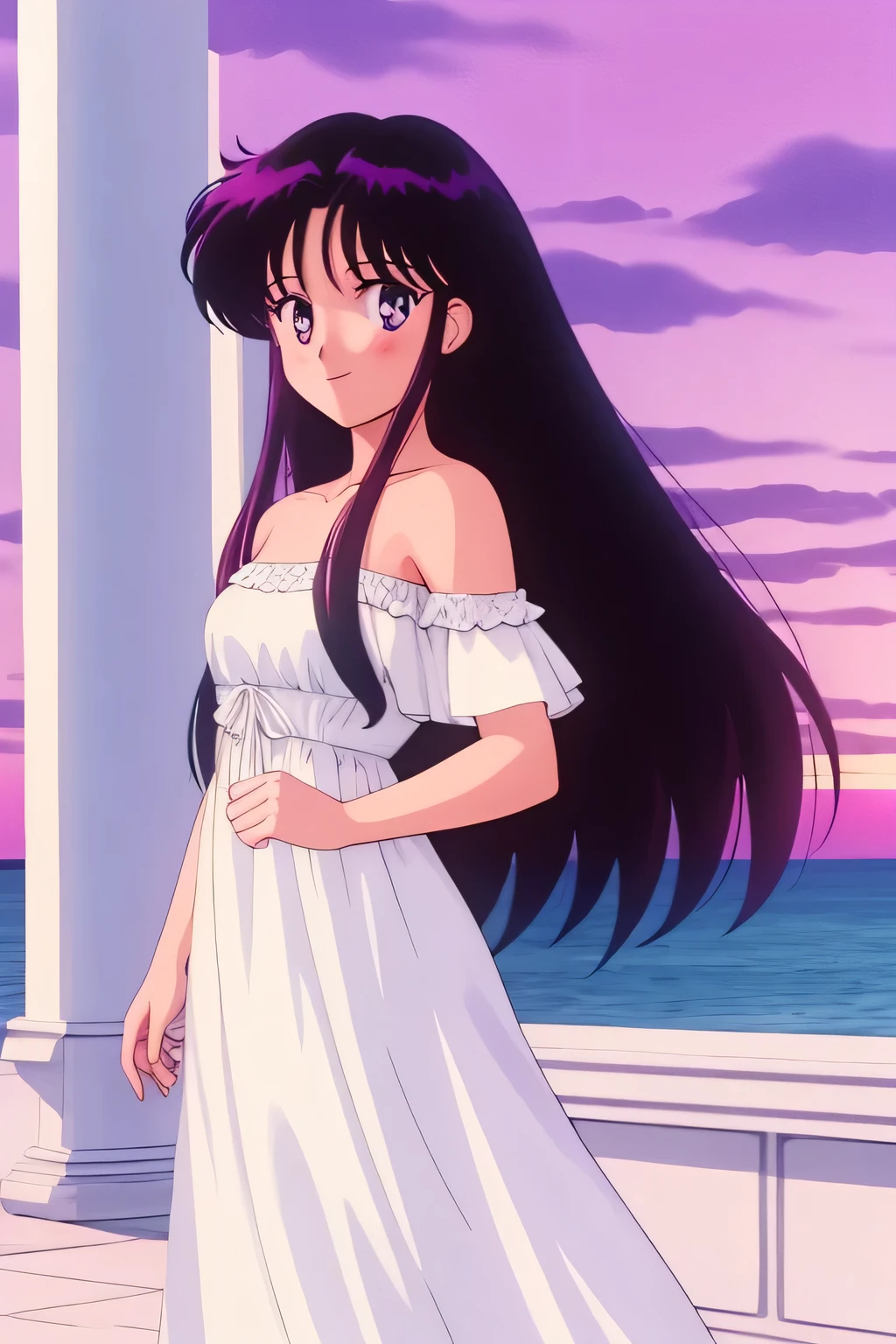 1990s \(style\), masterpiece, best quality, highres, outdoors, small breasts, 1 girl, Solo, Rei Hino, Purple Eyes, Beautiful Detail Eyes, Long Black Hair, Straight Hair, Good hands are down, Smile, Blushing, Bare Neck, Bare Shoulders, strapless, White Ruffle Off-the-Shoulder maxi dress. Cowboy shot. Ballroom with columns and a purple sunset outside, black slash belt