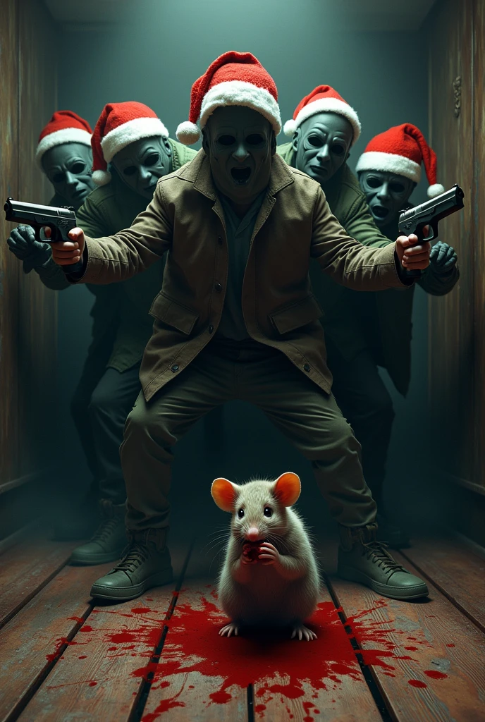 Create a horror movie cover with some masked teenagers wearing Christmas hats holding guns, wooden floorboards covered in blood and a crying and chewing mouse in the corner