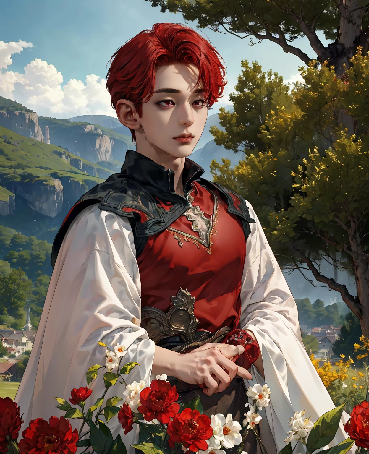 A young man with red hair and red eyes, wearing normal villager clothes, detailed facial features, detailed clothing, intricate patterns, vibrant colors, dynamic pose, natural lighting, cinematic composition, fantasy landscape, (best quality,4k,8k,highres,masterpiece:1.2),ultra-detailed,(realistic,photorealistic,photo-realistic:1.37)