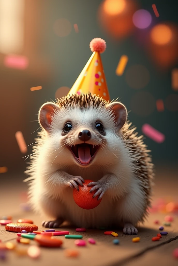 A hedgehog having fun at a party and playing 