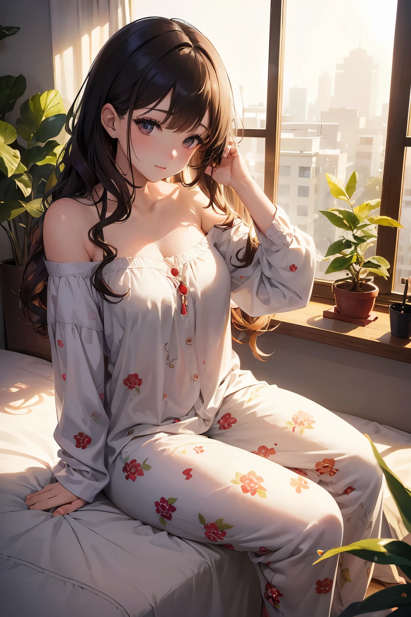 (mastepiece:1.2), beautiful woman, sitting on bed, wearing loose off-shoulder top, pajama pants, long curly hair, indoors, soft lighting, plants in background, window with sunlight, cozy room, relaxed pose, intricate details, warm colors, Japanese high school girl