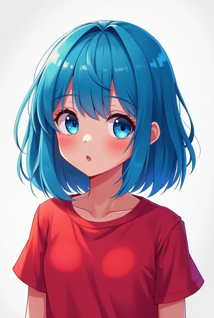 A girl with blue hair wearing a red shirt