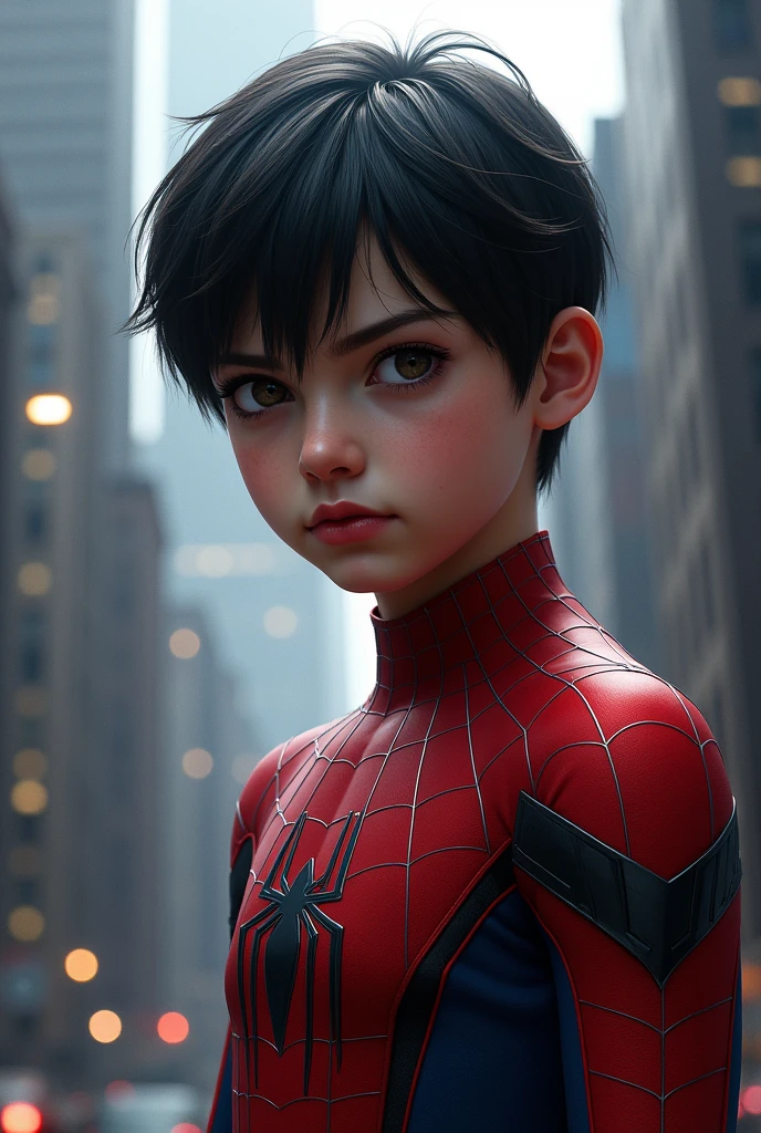 Spiderman with dark hair and short straight hair 