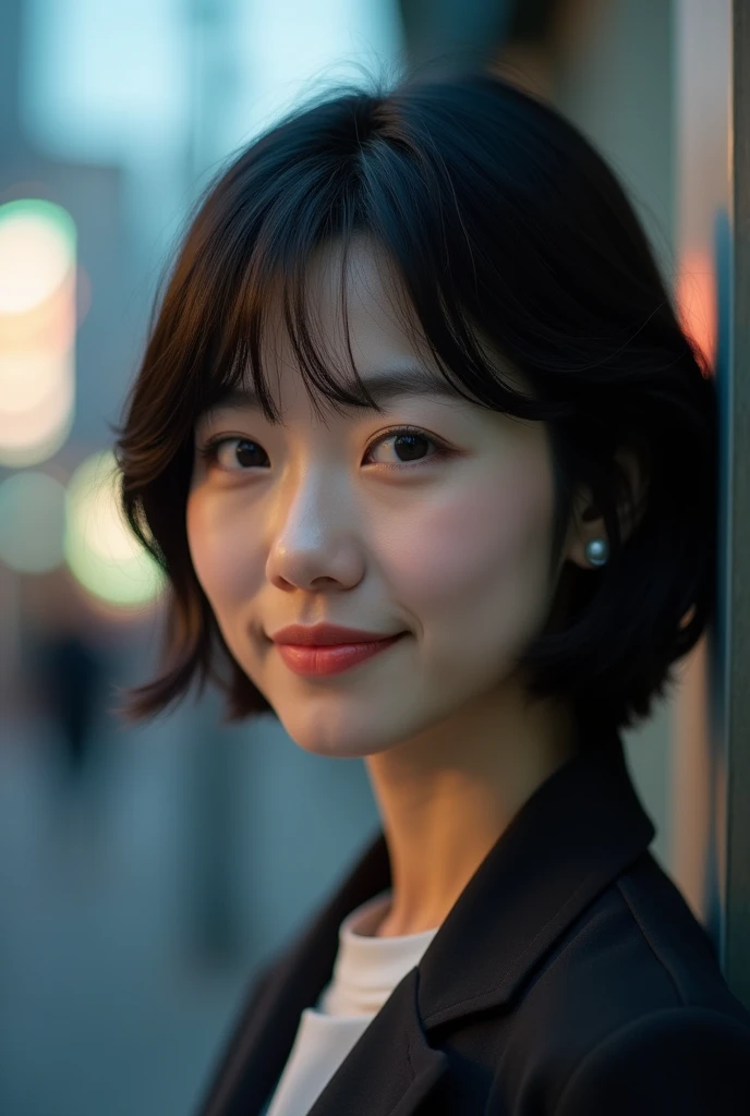 best quality ,masterpiece,ultra high res, very beautiful, kawaii, (photo realistic:1.4), 1girl, Japanese, ((above the knee)), short hair, black hair, looking at viewer, , smiling, wearing blazer, outdoors, Cinematic, 35mm lens, f/ 1. 8, accent lighting, 8k,