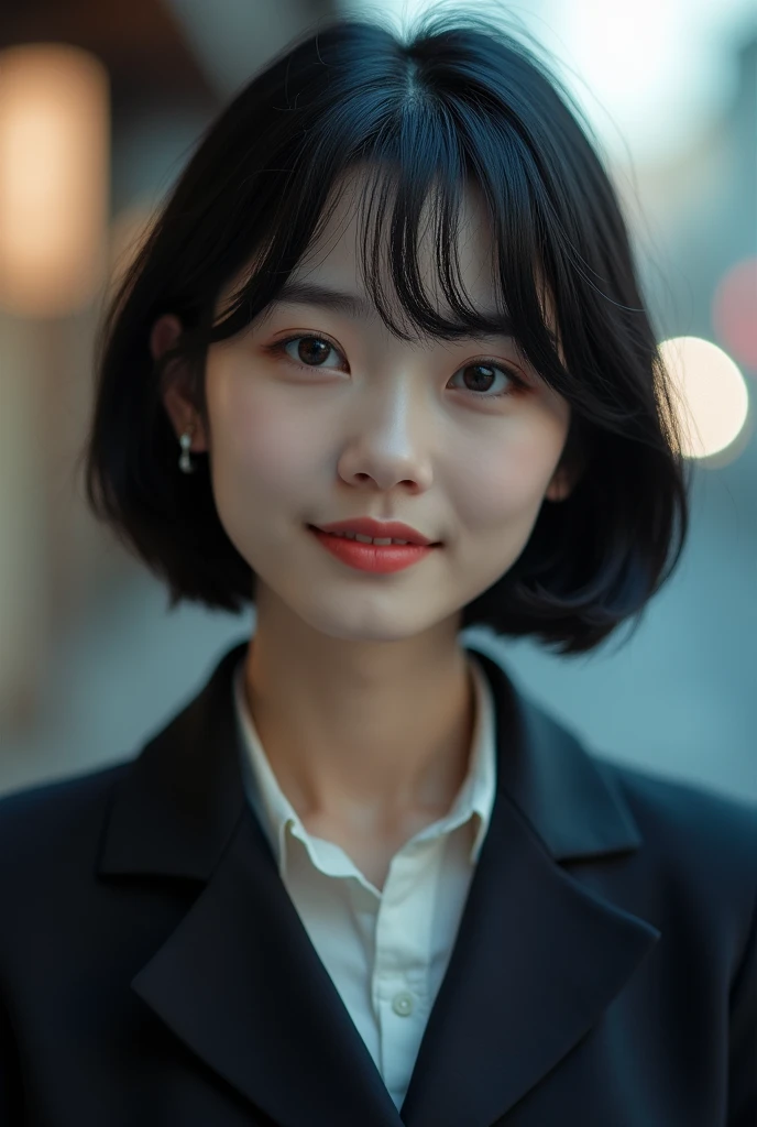 best quality ,masterpiece,ultra high res, very beautiful, kawaii, (photo realistic:1.4), 1girl, Japanese, ((above the knee)), short hair, black hair, looking at viewer, cleavage, smiling, wearing blazer, outdoors, Cinematic, 35mm lens, f/ 1. 8, accent lighting, 8k,