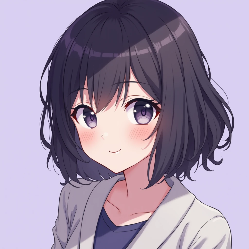 Gentle smile, bob hair, cute, woman in her 20s, Japanese anime-style illustration, light purple background, mysterious scenery