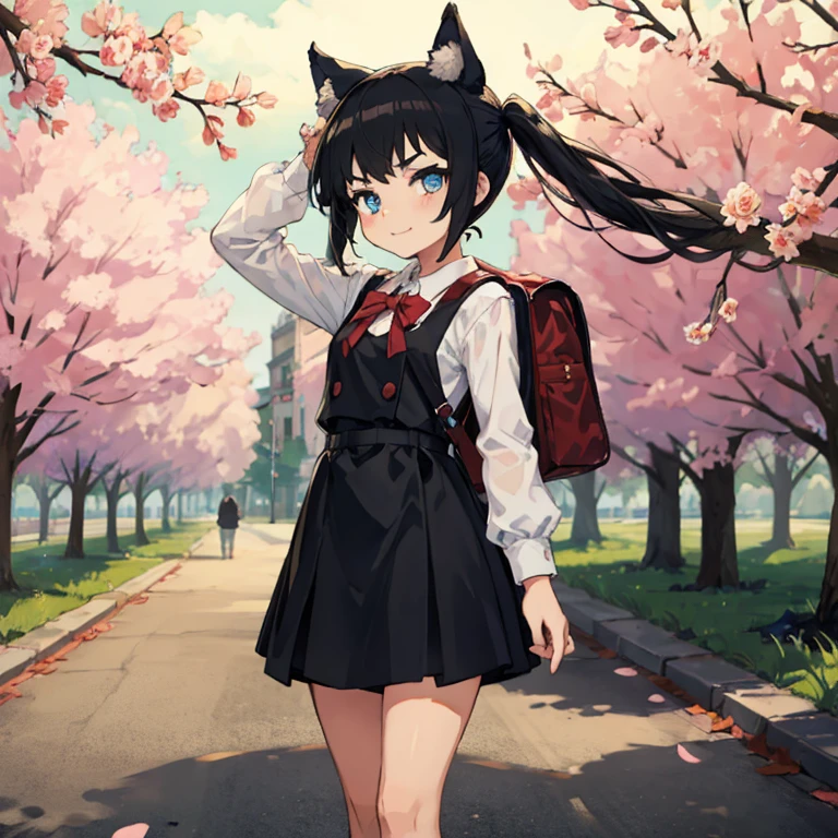Young girl with black hair, long twintail, twintail hairstyle, (blue eyes), ((small bushy eyebrows)), (wolf ears up), wearing gothic ta, loliclothes, going to school, dull eyes, dull face, going to school, flirtatious smile, small and perky breasts, in a park