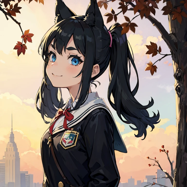 Young girl with black hair, long twintail, twintail hairstyle, (blue eyes), ((small bushy eyebrows)), (wolf ears up), wearing gothic lolita, lolicon clothes, going to school, dull eyes, dull face, going to school, flirtatious smile, small and perky breasts, in a park