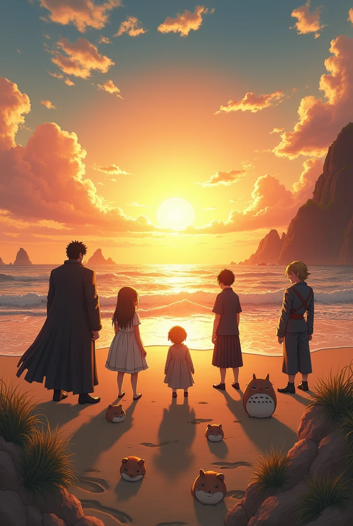 generates an image of all these characters on a beach, howl castle vagabond , The Boss Metal gear solid, Ganondorf, Sephiroth, Daniela, Venus, Gustavo surrounded by hamsters and totoro watching the sunset