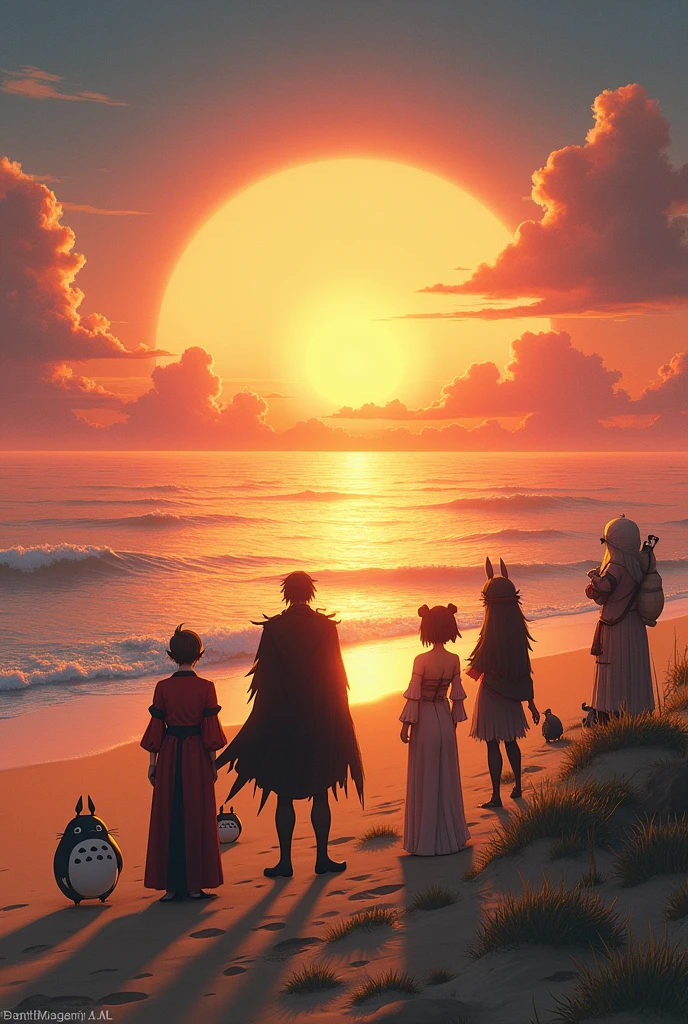 generates an image of all these characters on a beach, howl castle vagabond , The Boss Metal gear solid, Ganondorf, Sephiroth, Daniela, Venus, Gustavo surrounded by hamsters and totoro watching the sunset