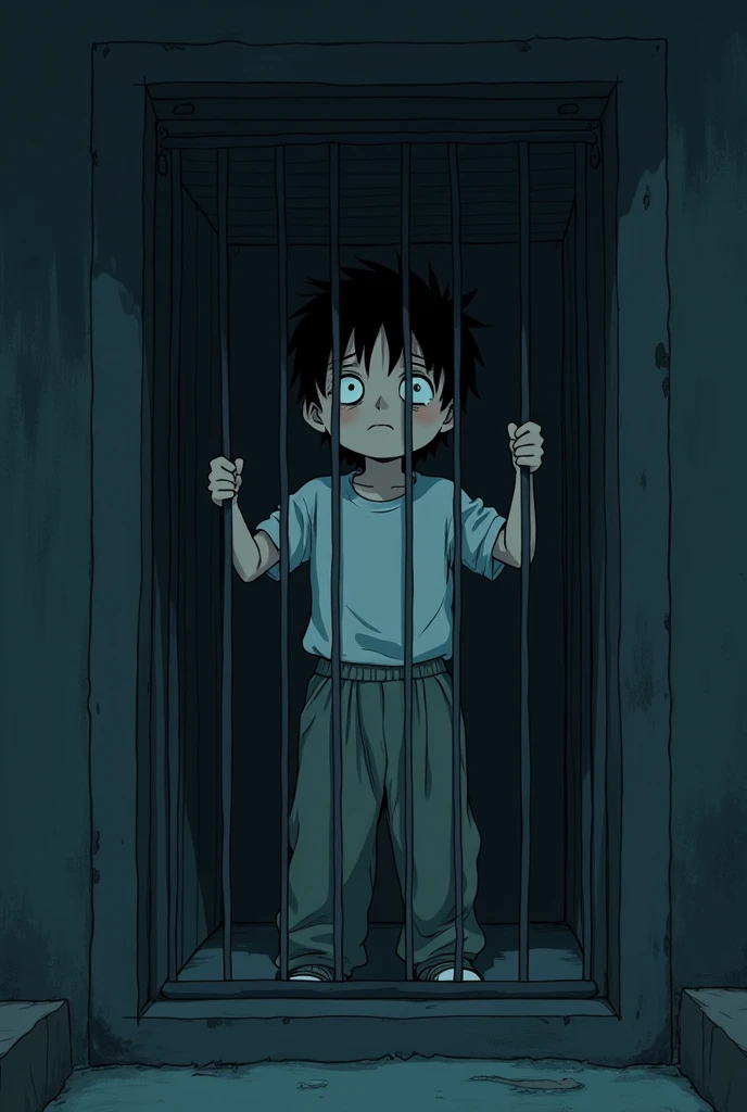 Cinematic anime style. manga art. TME0224 face, sad expression, (((a baby boy, 4 year old))) in a funny night (((wearing a baggy wide pants with hands grabbing the bars))), (((inside a tiny closed cage behind bars, standing with the arms grabbing the bars))). cinematic lighting, drop shadow, masterpiece, UHD, anatomically correct, textured skin, super detail, high details, high quality, best quality, 4K, full body, standing
