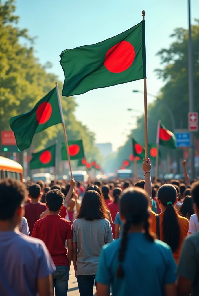 Let the journey of a new Bangladesh begin after the victory achieved as a result of the anti-discrimination student movement. Bangladesh's anti-discrimination student movement collapsed on August 5, 2024 with the resignation of the current government and Dr. Md. Yunus, one of the convenes of the student movement and their choice, was appointed as the head of the interim government. Please make an image in which all the people looks Bangladeshi and in all hands showing Bangladeshi flags they control traffic with the help of all digital support by ai from one point to another's 