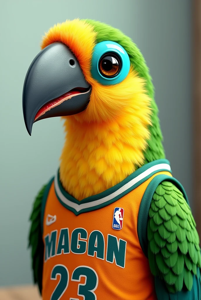 A green and yellow toucan with a 23 Magno basketball jersey in nft format
