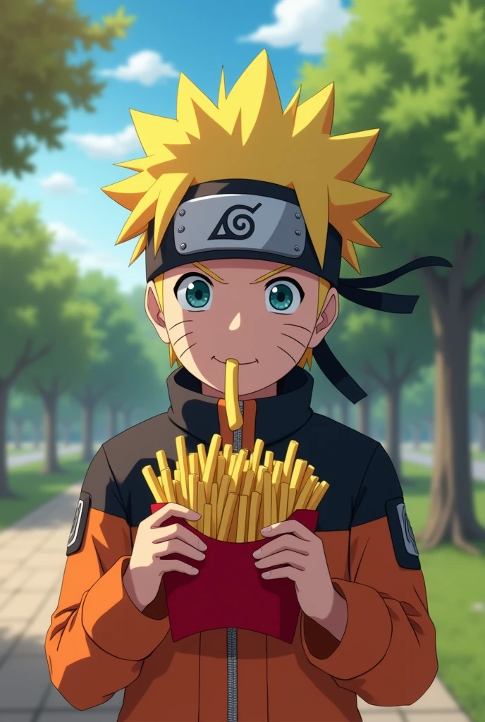Naruto eating McDonalds french fries at a park, close shot, depth of field, anime