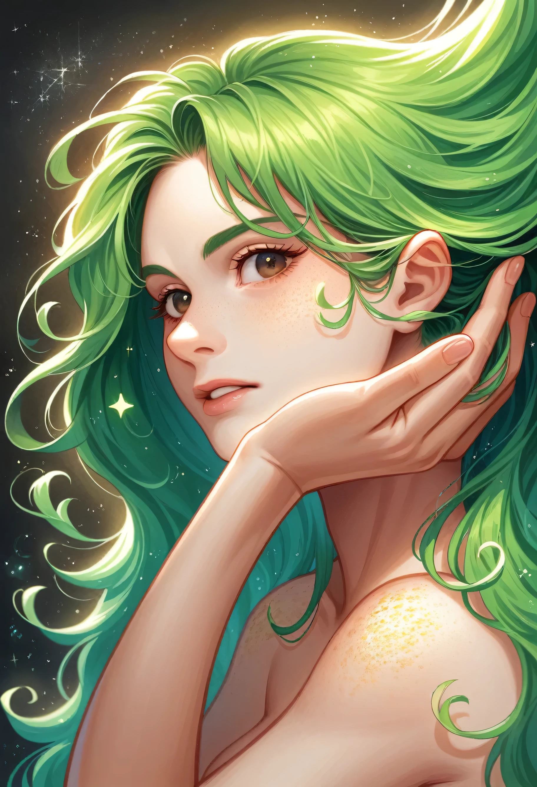 matte painting of a green haired anime girl with sparkling brown eyes with Star motif, wearing a traditional green kebaya, holding hair, her hand is wearing a sparkling green ring, detailed glitter, deep color, fantastic, intricate details, splash screen, complementary colors, fantasy concept art, 8k resolution is trending in Artstation Unreal Engine 5 " glamorous and glittering, with Realistic Glitter Sequined Portrait. 4k, very detail, whole body
