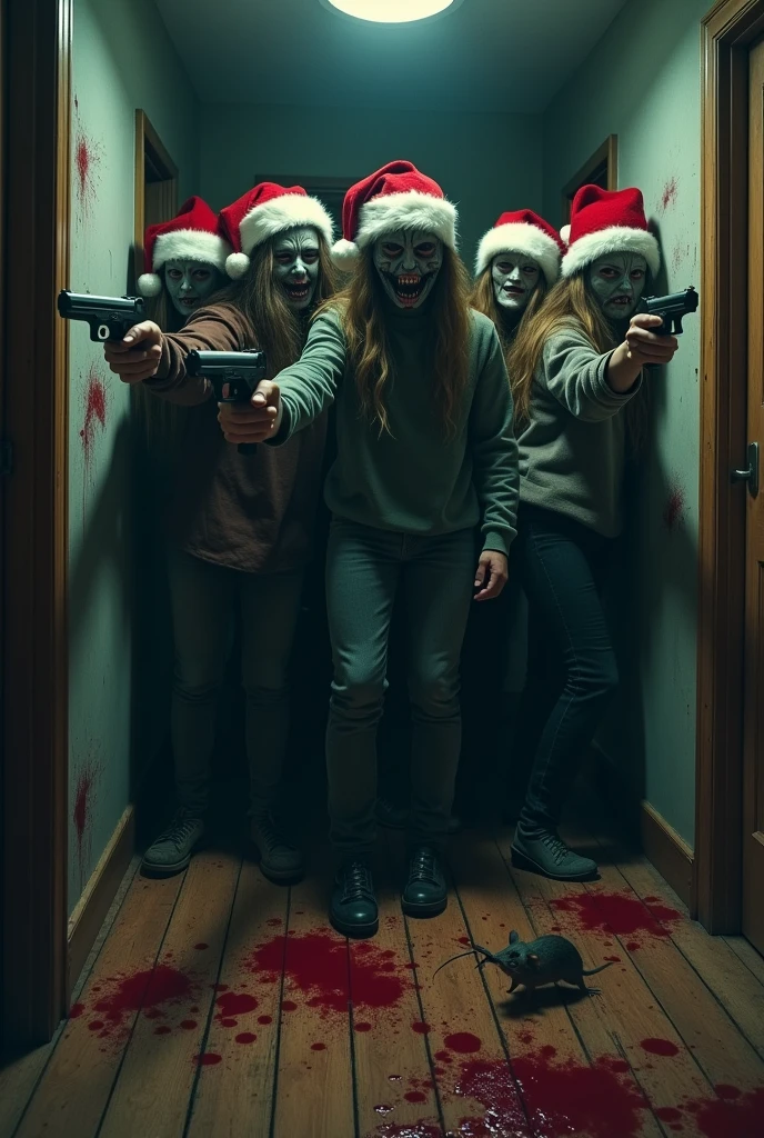 Create a horror movie cover with some masked teenagers wearing Christmas hats holding guns, wooden floorboards covered in blood and a crying and chewing mouse in the corner