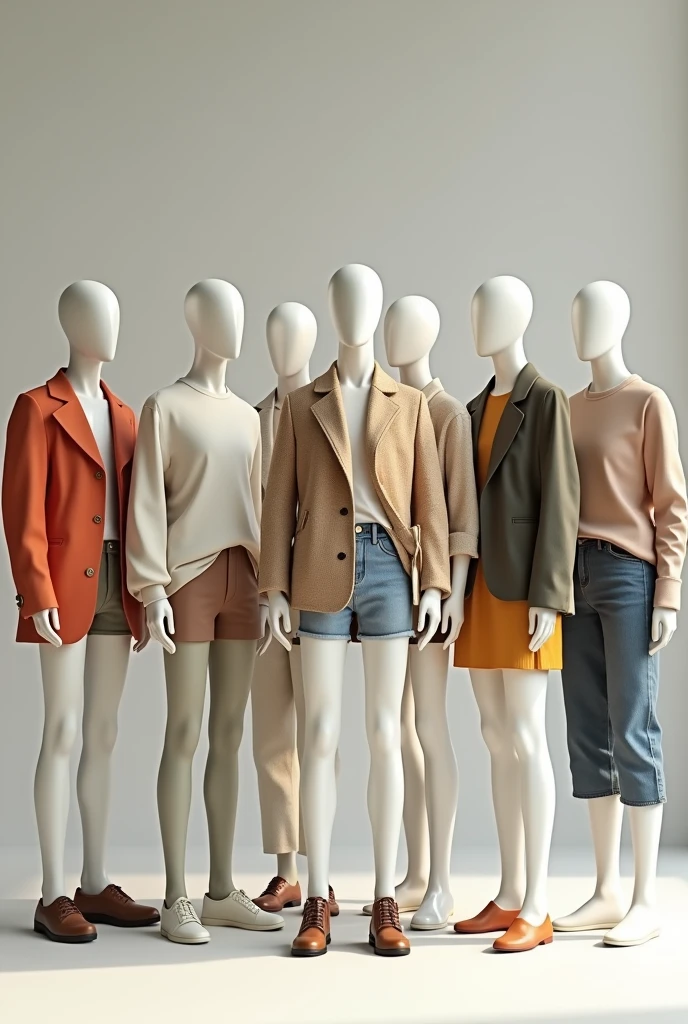 7 rectangular body mannequins each with an outfit suitable for their body type, The outfit should be casual and not formal to avoid being too hot at 40 °C, You should not wear shorts 