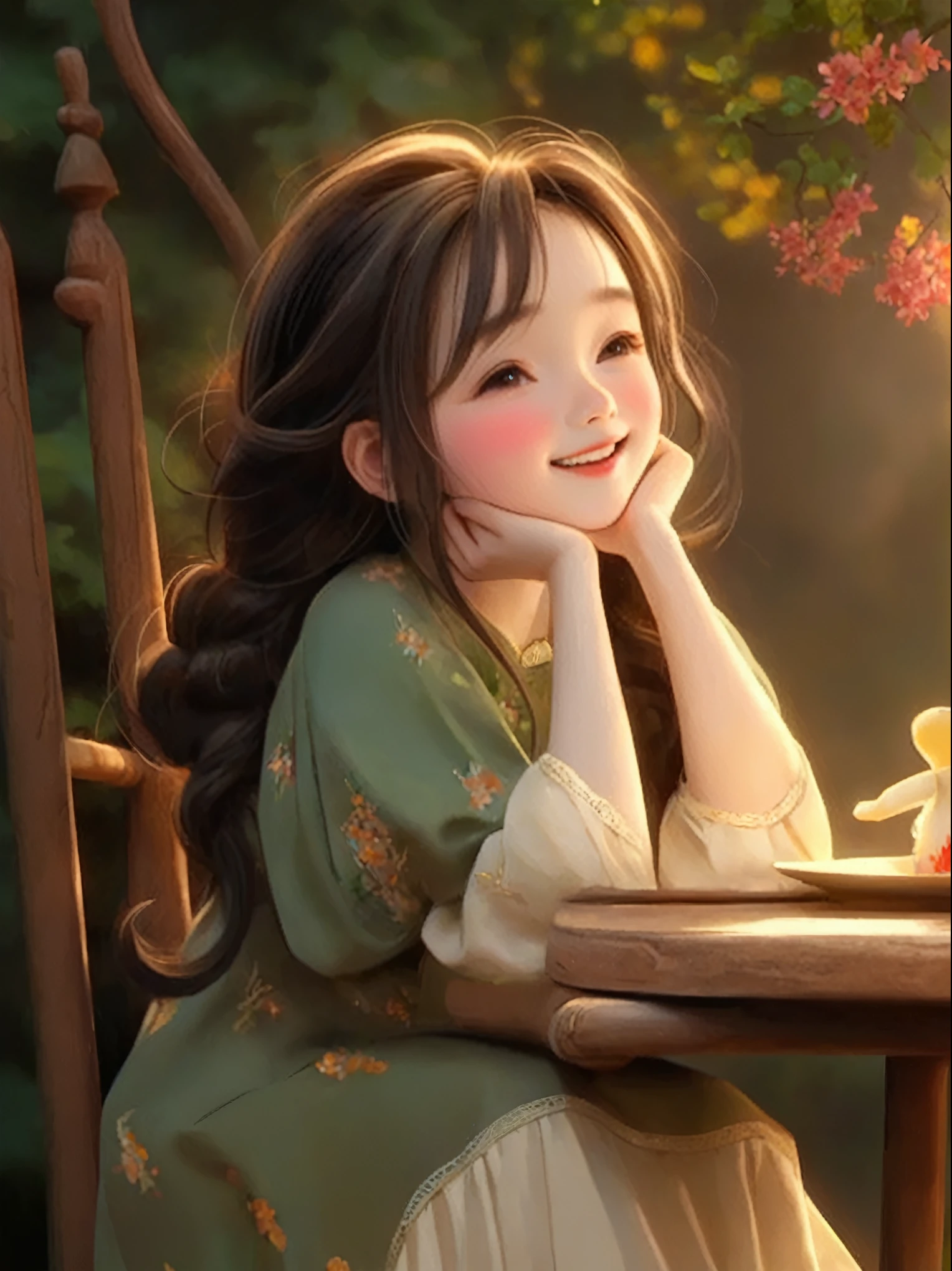 A long-haired girl sitting on a bench，Holding a cup in hand, charming细致的数字艺术, charming的数字艺术, charming卡通 character, charming的肖像, charming卡通, charming的角色, Soft portrait shots 8 k, charming的数字, charming的 3d 渲染, charming, charming的动漫女孩, charming美丽, Beautiful soft lighting, charming, charming的卡哇伊女孩