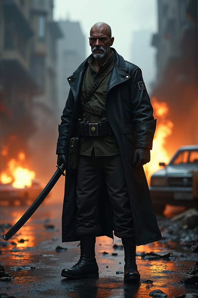 (Realistic image)(Captain Price)(Cold dark night)(street of chaos)(car's burning)(holding on to a Katana sword)(covered with blood)(with a dead stare)