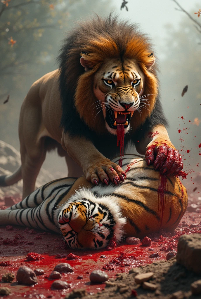 A lion fight the tiger the tiger was defeated both the lion and tiger are bleeding very seriously the lion was in aggression more bloody 