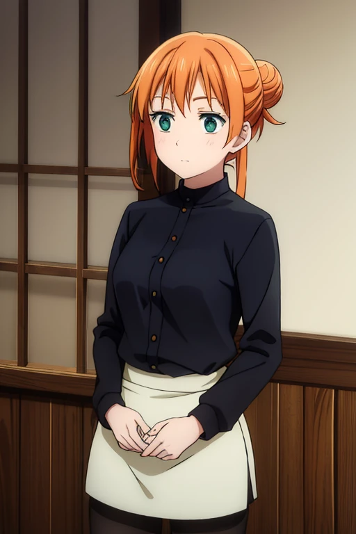 orange hair tied in a bun with a ribbon, green eyes, wearing a black artistic collant with long sleeves and tights, white ballet shoes.