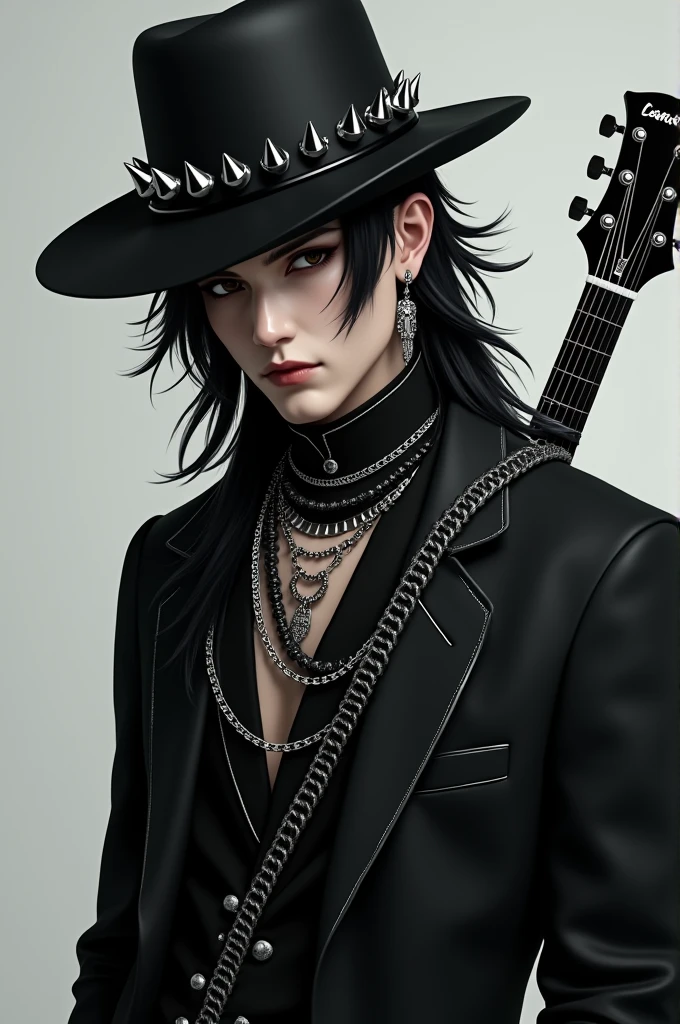 A handsome man with long black hair and a black hat with chains, black spike earrings, a black suit, chains and necklaces on the neck, a black guitar on the back with white,