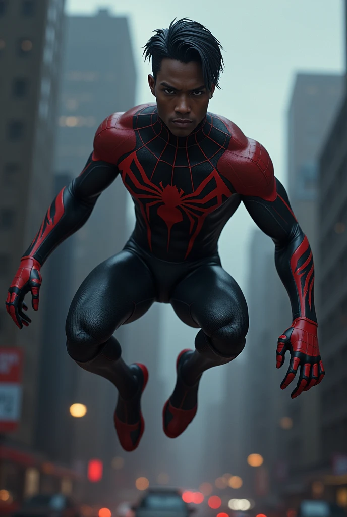 Dark-skinned Spiderman with short straight hair