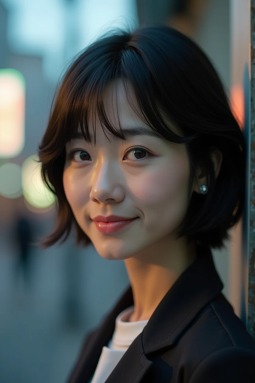 best quality ,masterpiece,ultra high res, very beautiful, kawaii, (photo realistic:1.4), 1girl, Japanese, ((above the knee)), short hair, black hair, looking at viewer, cleavage, smiling, wearing blazer, outdoors, Cinematic, 35mm lens, f/ 1. 8, accent lighting, 8k,