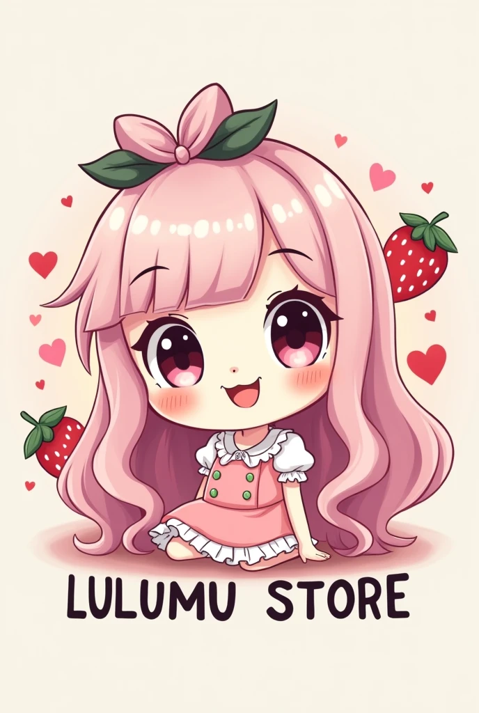 Create a small logo for a brand called "Lulumu Store" that has pink colors, red , black and white, some strawberries and a girl with pastel pink hair dressed as a ****ta 