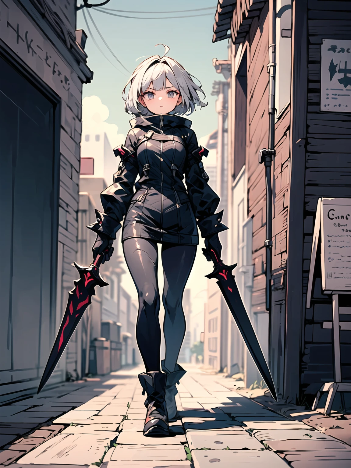 (((masterpiece, best quality, high detailed, 16k))) (1girl) A cunning assassin with short, spiky silver hair and cold, calculating grey eyes. She wears a tight, black leather outfit with red accents that allow her to blend into the shadows. Her weapons of choice are a pair of curved daggers, one in each hand, and her movements are quick and precise. ((full body view))