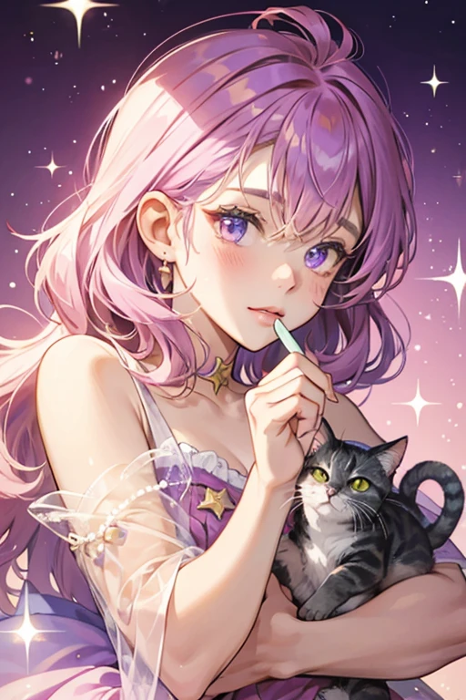 Crumble is a purple girl cat that fades to blue, has pink, purple, and yellow star and circle markings, and pink cheeks. SPARKLE; GLITTER