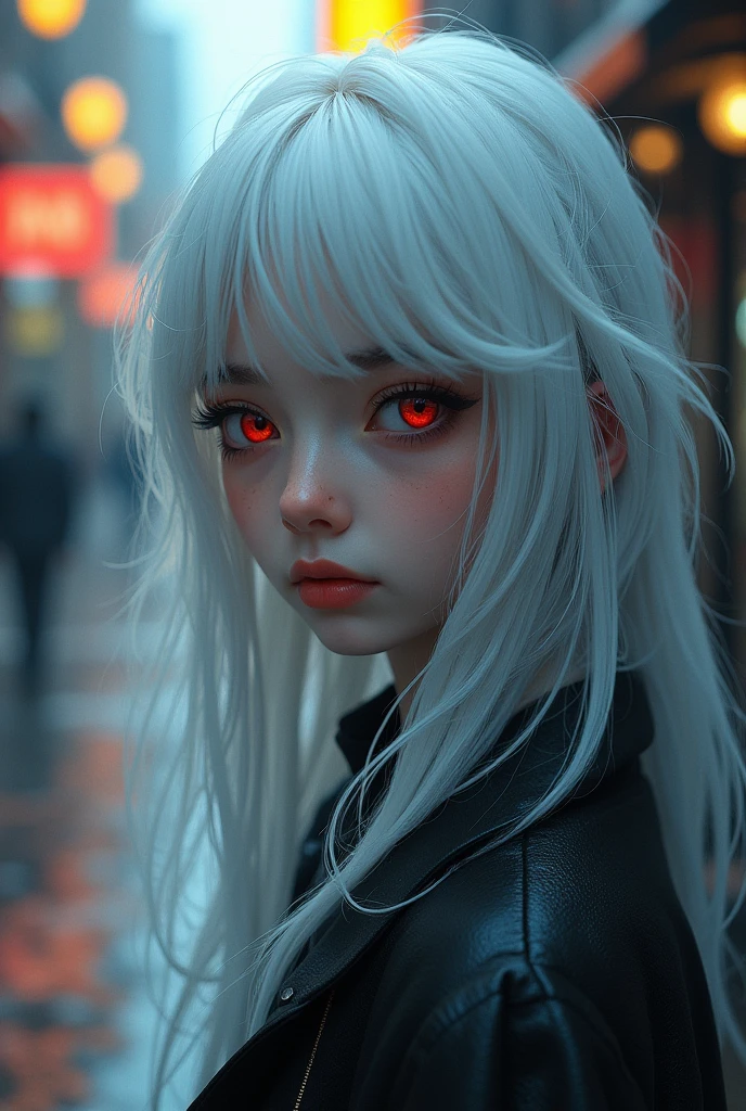 work of art, best qualityer, extremely detaild, cinematic lightning, intricate-detail, high resolution, offcial art, beautiful face and finely detailed eyes, ilustração de high resolution, 8k, Depth of field, bokeh, standing alone, 1 girl, a girl with white hair and heterochromia eyes, long white hair, beautiful red eyes, beautiful landscape, rainy city, trunk, looking ahead at viewer, close up
