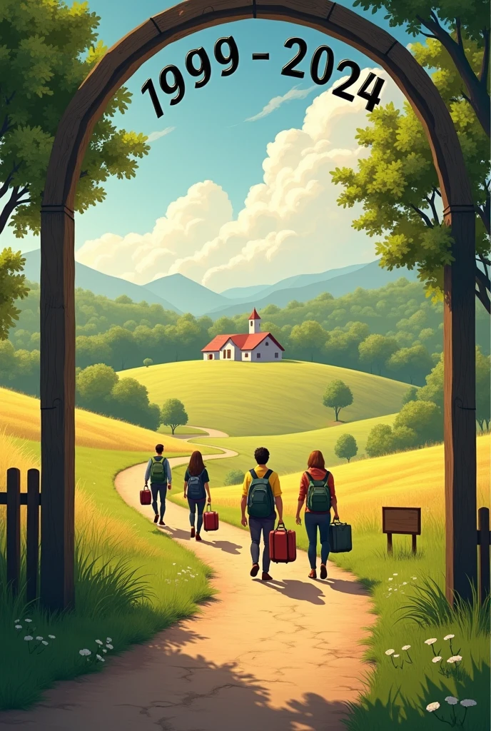 Farm with a lighted path with an empty wooden sign along which adults are walking in a group with a backpack on their left shoulder and suitcases in hand crossing an arch with the numbers 1999 - 2024 