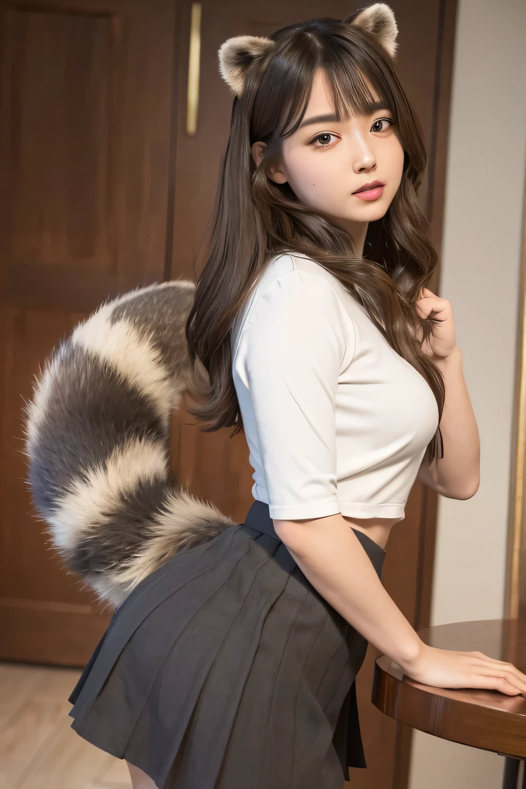 ((Highest quality, 8k)), ((masterpiece)), (Highest Resolution), Perfect Face, Woman with a raccoon tail, Female college student, Beautiful woman, public, ending, She has a thick tail, Big raccoon tail, She has a brown raccoon tail in her skirt., She wags her tail, Surprised face,  she is wearing a short skirt, Beautiful Hips , Small breasts, The hem of the skirt is rolled up, Bushy Tail